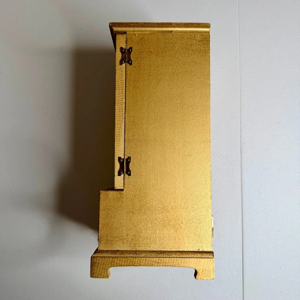 Vintage Toyo Japan Musical Jewelry Box Armoire Gold Wood Portrait 4 Drawer 12.5